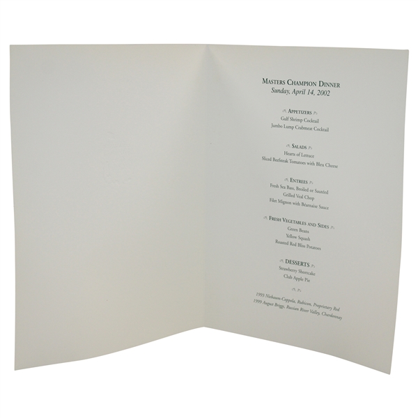 2002 Augusta National GC Masters Champion Dinner Menu from Night of Tiger Win