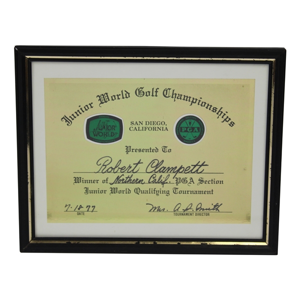 Bobby Clampetts 1977 Jr World Golf Championships North. Ca. Section Winner Certificate - Framed