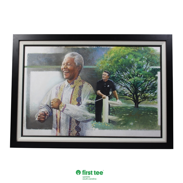 Original Gary Player Signed with Nelson Mandella Painting On Canvas by duPreez - Framed