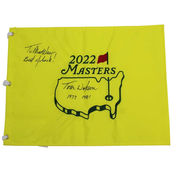 Tom Watson Signed & Personalized 2022 Masters Embroidered Flag w/Years Won JSA ALOA