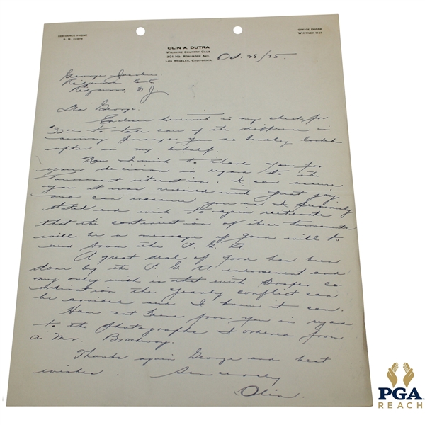 Olin Dutra Signed 1935 Handwritten Letter to George Jacobus on Personal Letterhead 10/28 JSA ALOA