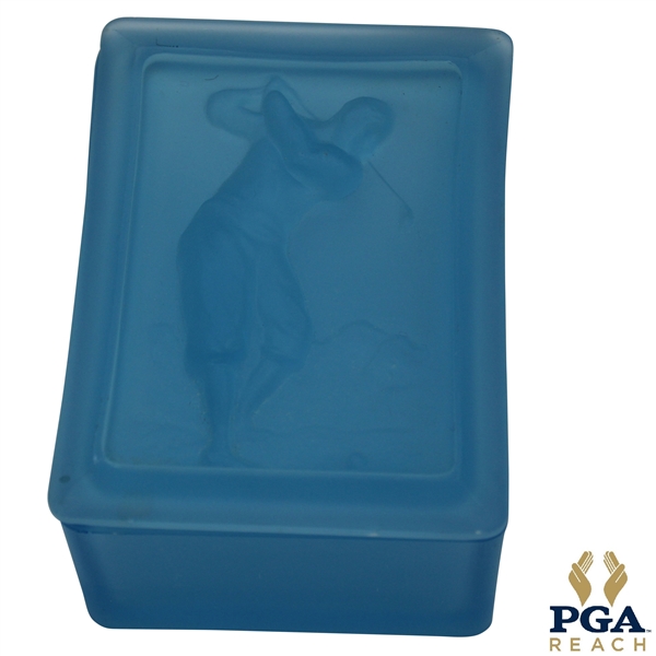 Bobby Jones Era Golfer Depiction on Blue Opaque Glass Box with Lid