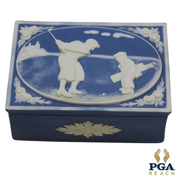 Blue & White Ceramic Box with Golfer with Caddy Lid