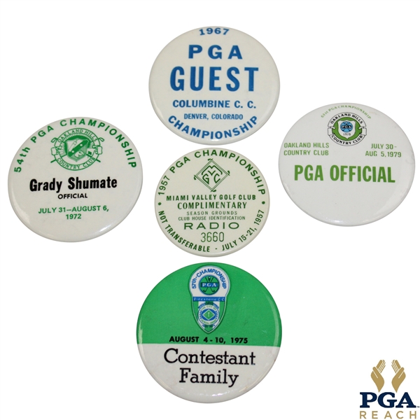 1957, 1967, 1972, 1975 & 1979 PGA Championship Guest/Family/PGA Official/Radio Badges