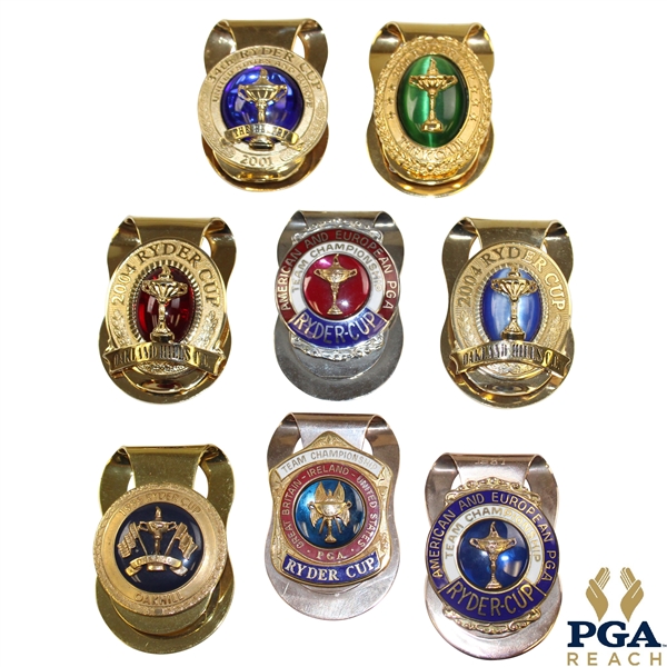 Eight (8) Ryder Cup Money Clips 1987, 1996, 2001, 2004 (x2), 2006 & Undated (x2)