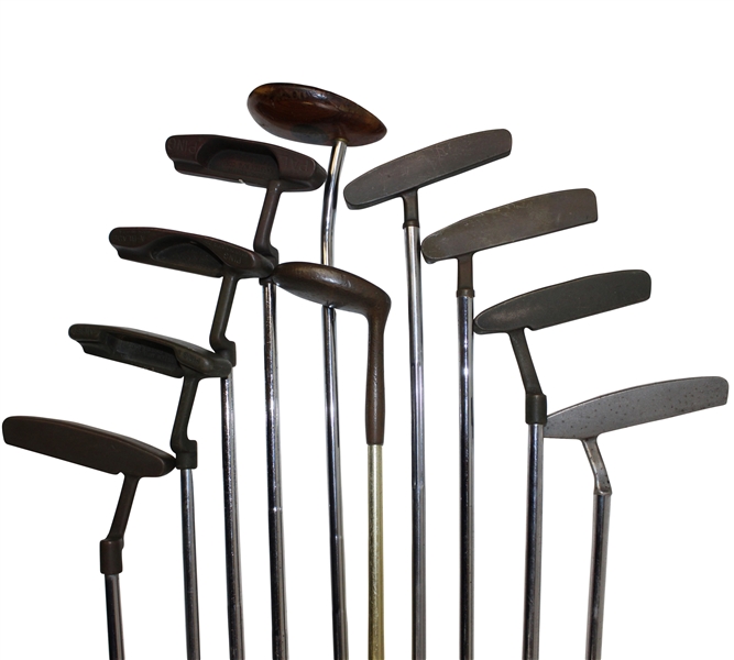 Ten (10) Various Putters Including Eight (8) Assorted PING Putters, a Brass Playboy & a Woodie Putter