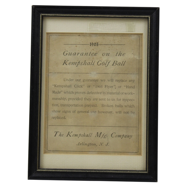 Framed 1905 Guarantee On Kempshall Golf Ball