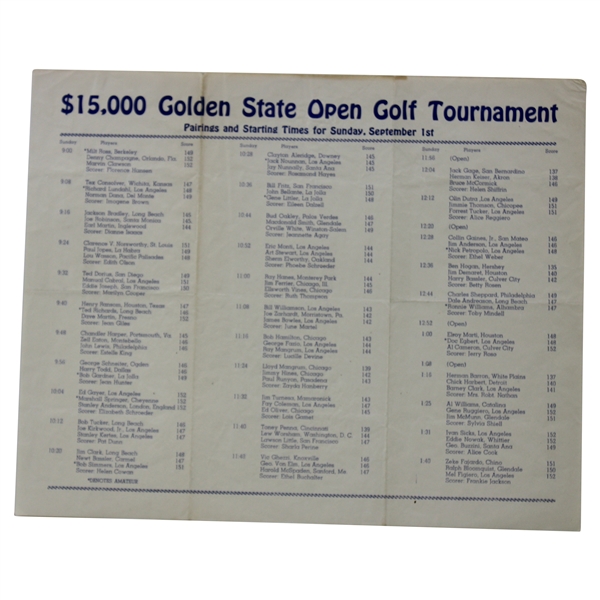 1946 Golden State Open Pairing Sheet After 2Nd Round. Won By Ben Hogan
