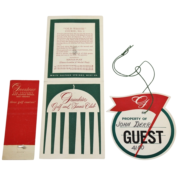 John Derrs Personal Greenbrier Golf & Country Club Scorecard, Guest Ticket, & Matchbook