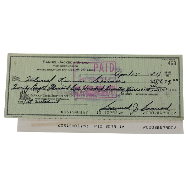 Sam Snead Signed 1974 Personal Check to the IRS for $28,679 JSA ALOA