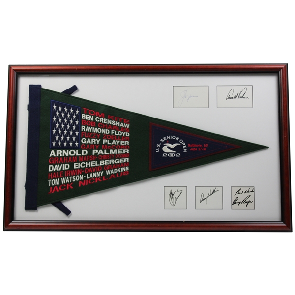 Nicklaus, Palmer, Player & 2 Others Signed 2002 Senior US Open Pennant Presentation - Framed