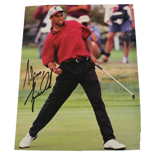 Early Tiger Woods Signed Stanford Red Shirt Fist Clench 1995 US Amateur Magazine Page JSA ALOA