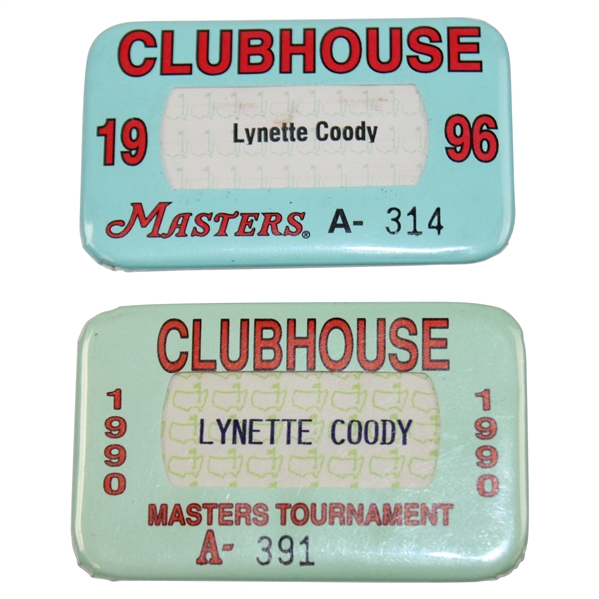 1990 & 1996 Masters Tournament Clubhouse Badges - Mrs. Lynette Coody