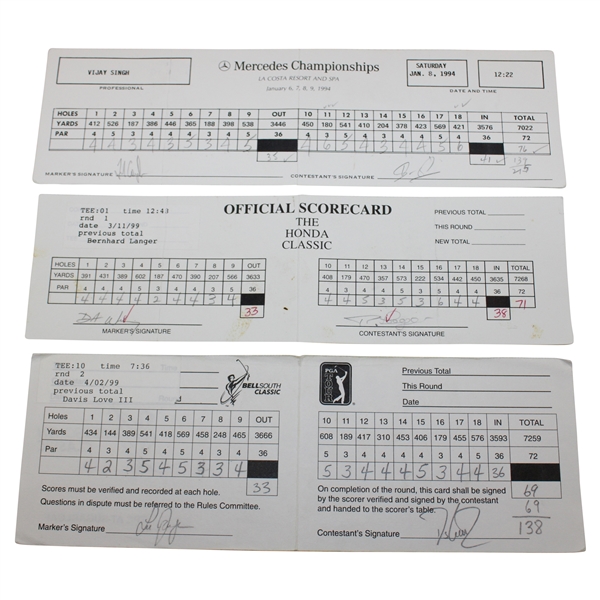 Couples, Langer, Love III. Singh & others Signed Three (3)Tournament Scorecards
