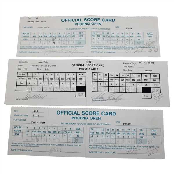 Daly, Furyk, Azinger, Lehman & others Signed Three (3) Phoenix Open Scorecards