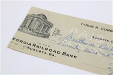 Ty Cobb Signed 1930 Personal Augusta, Georgia Check #702 To Southern Railway JSA ALOA