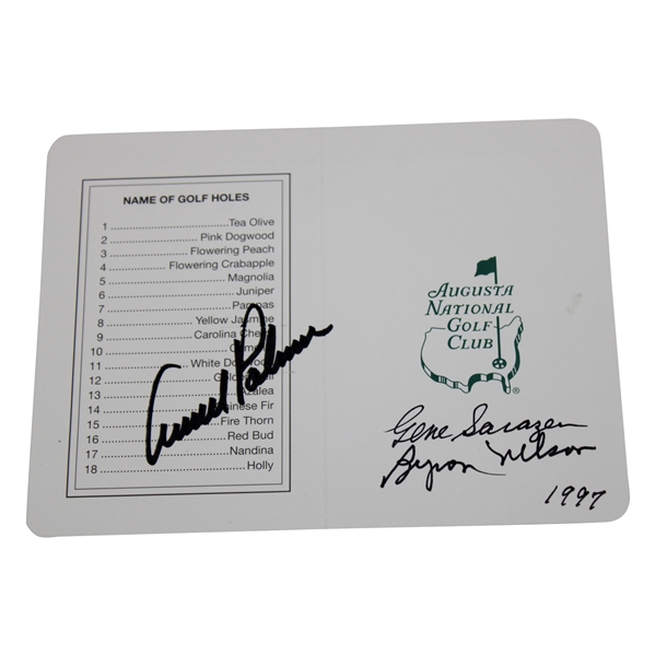 Arnold Palmer, Gene Sarazen & Byron Nelson Signed Augusta National GC Scorecard JSA ALOA