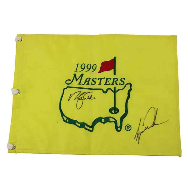 Tiger Woods & Nick Faldo Signed 1999 Masters Embroidered Flag JSA ALOA