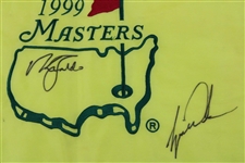 Tiger Woods & Nick Faldo Signed 1999 Masters Embroidered Flag JSA ALOA