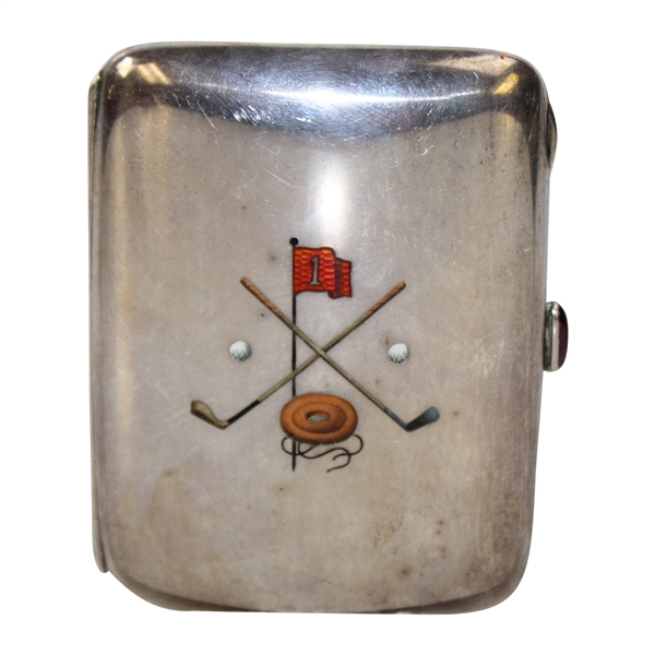 c.1904 Enameled Crossed Golf Clubs Sterling Silver Cigarette Case w/CL on Reverse