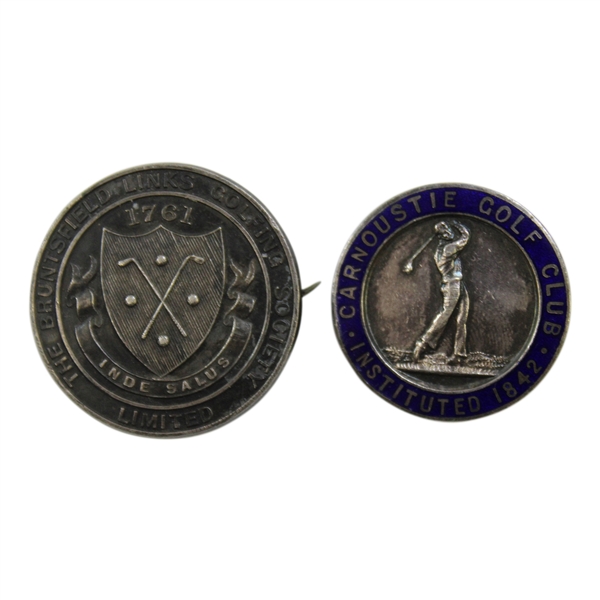 Two (2) Carnoustie Sterling Silver Bruntsfield Links GS Members Pins
