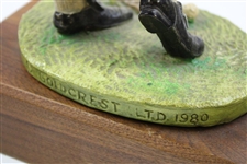 1980 Goldcrest LTD 'Fresh Air Shot' Golfer Swinging Sculpture With Wooden Base