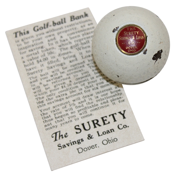 The Surety Savings & Loan Co. Golf Ball Bank with Info Card - Dover, Ohio