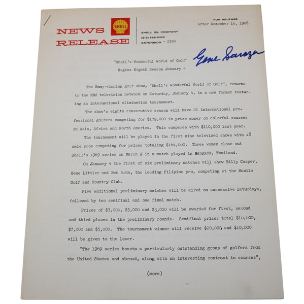 Gene Sarazen Signed 1968 Shells Wonderful World of Golf News Release Packet