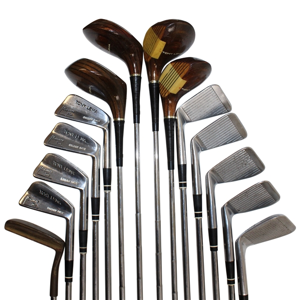 c.1965 Set of Tony Lema Clubs Irons 2-9 & Dual Wedge Woods Driver 2-3-4 Putter Brass