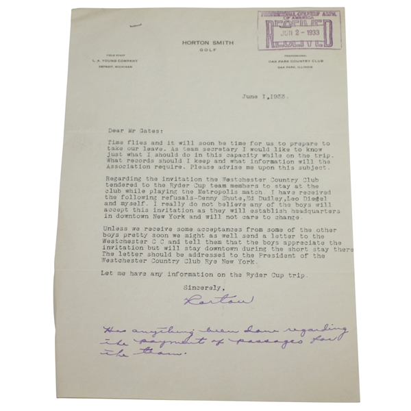 Horton Smith Signed 1933 Ryder Cup Westchester Content Letter w/Note JSA ALOA
