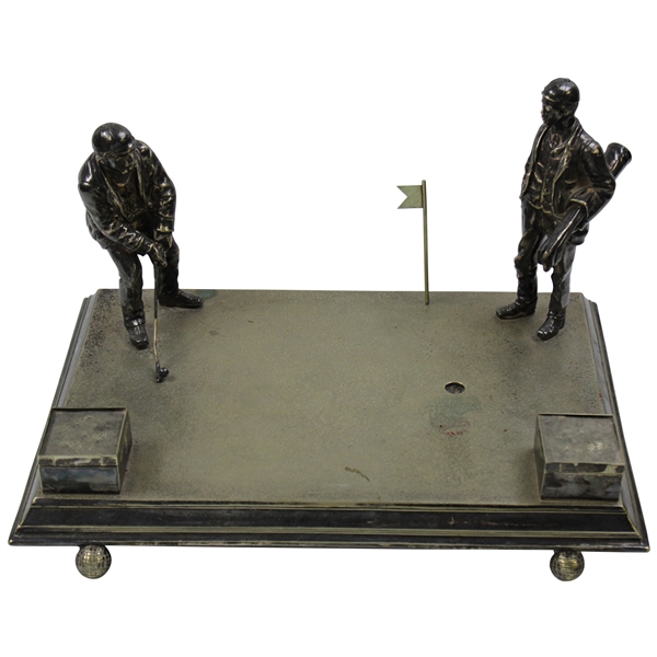 Large Silver Putting Golfer with Caddy Golfers Desk Ink Well 