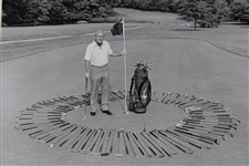 Arnold Palmer at Latrobe 1985 Phil Sheldon Photo w/Golf Bag & Clubs Circled Around Him For Putting Book
