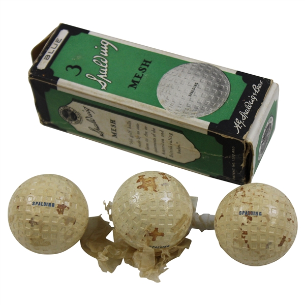 c.1920s Sleeve of 3 Spalding BLUE Mesh Unused Golf Balls in Original Box