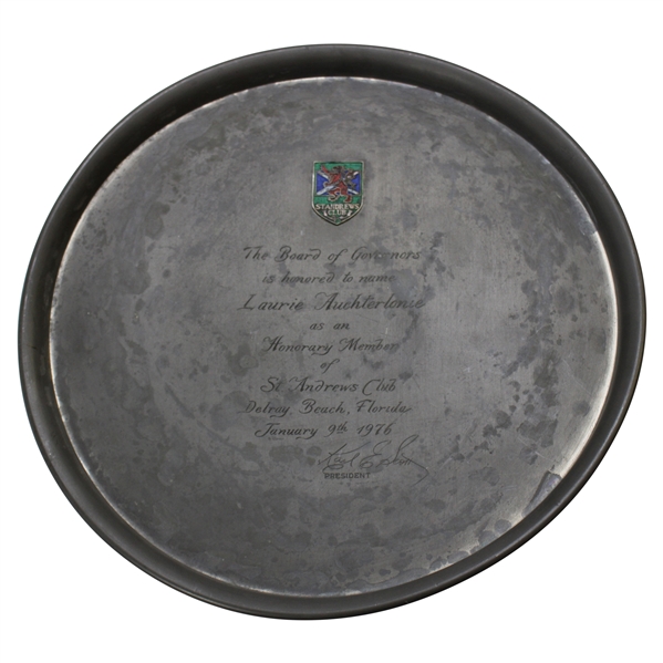 1976 St Andrews Club Florida Honorary Member to Laurie Auchterlonie Presentation Engraved Pewter Plate