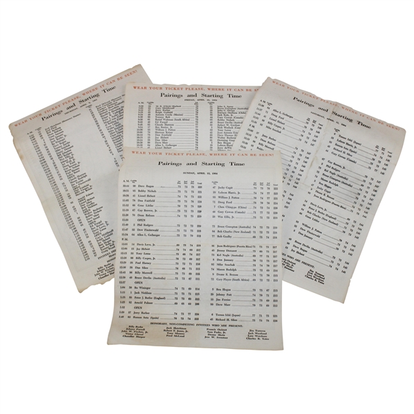 Complete 1964 Masters Thursday, Friday, Saturday & Sunday Pairing Sheets - Arnold Palmer Winner
