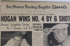 Des Moines Sunday Register Sports Dated June 14, 1953 Headline Hogan Wins No. 4 By 6 Shots (U.S. Open)