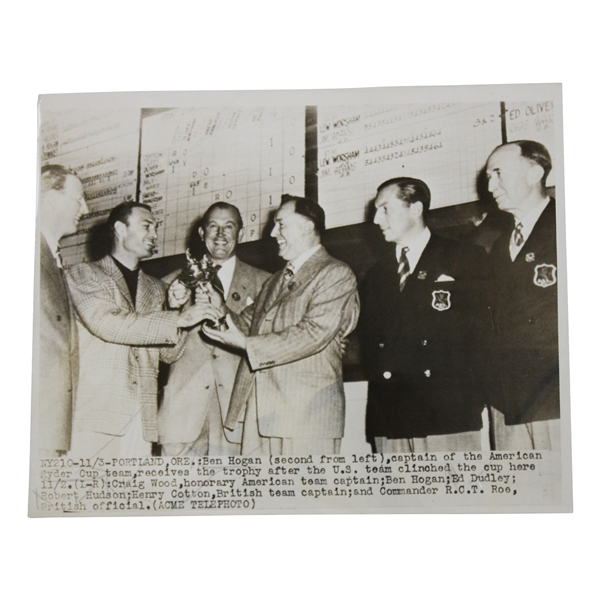 1947 Ryder Cup Acme Wire Photo Captain Ben Hogan Received The Cup