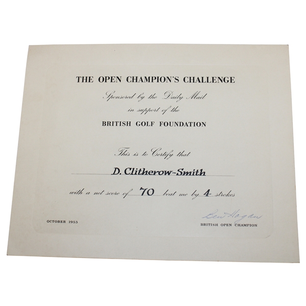 Ben Hogan Signed 1953 The Open Championship Challenge Certificate JSA ALOA