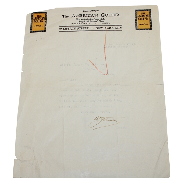 Walter Travis Signed 1913 American Golfer Letterhead Letter - October 23rd JSA ALOA