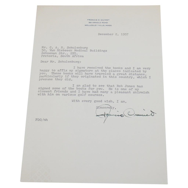 Francis Ouimet Signed 1957 Letter Mentioning Bobby Jones on Ouimet Letterhead - December 2nd JSA ALOA
