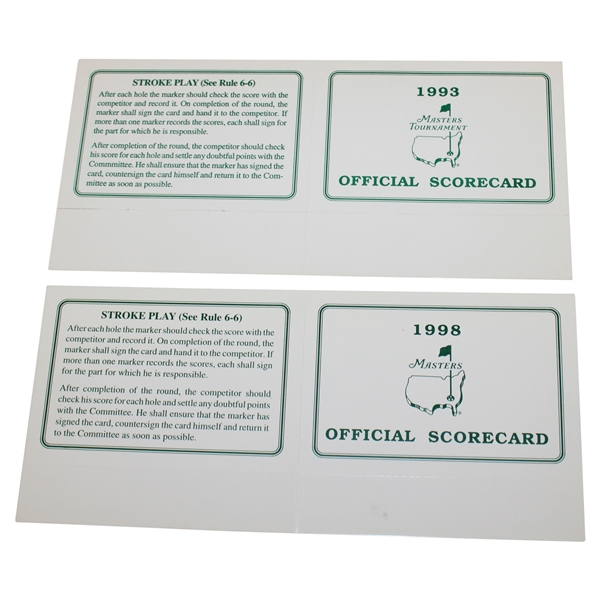 1993 & 1998 Masters Tournament Official Unused Scorecards - Bernhard Langer & Mark OMeara Winners