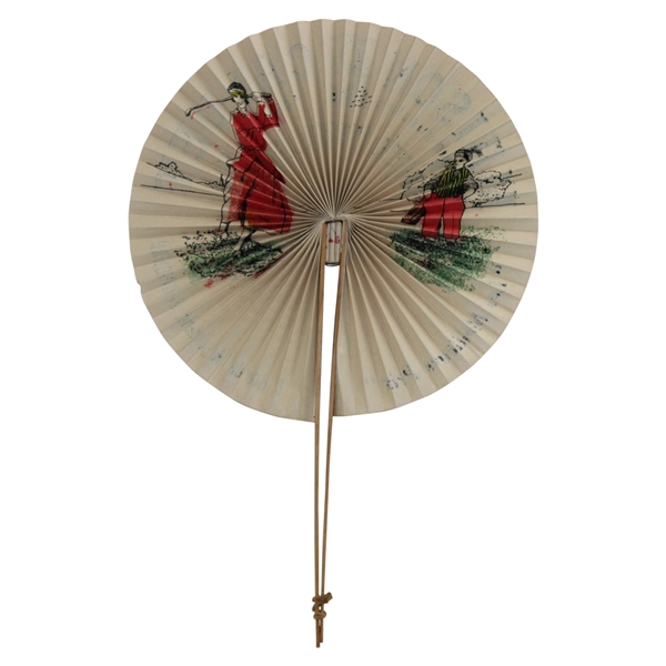 c.1920s French Fold Open Double Sided Advertising Fan w/Woman Golfer & Caddy - "Les Meilleurs Prix"