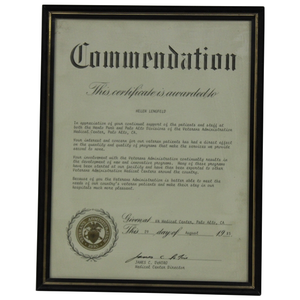 Helen Lengfelds 1985 VA Medical Center Commendation Certificate - Framed