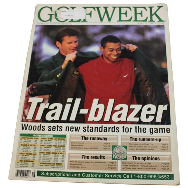 1997 Golf Week Magazine w/Tiger on Cover from 1997 Masters - Receiving Green Jacket from Faldo