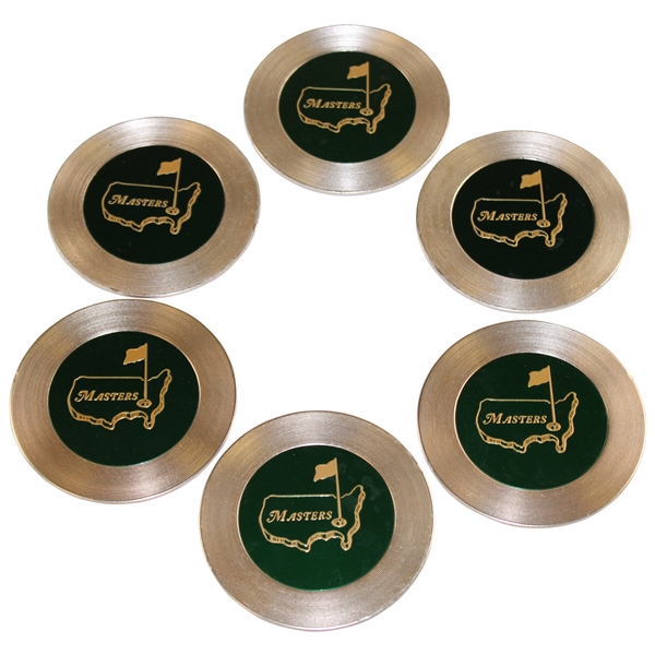 Six (6) Masters Tournament Dark Green Metal & Cork Drink Coasters