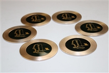 Six (6) Masters Tournament Dark Green Metal & Cork Drink Coasters