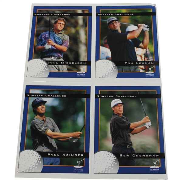 Early Mickelson, Lehman, Azinger & Crenshaw Signed 1995 Norstan Challenge Uncut Card Sheet JSA ALOA