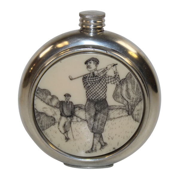 Handmade Circular Golf Scene Pewter Golf Flask - Sheffield, England