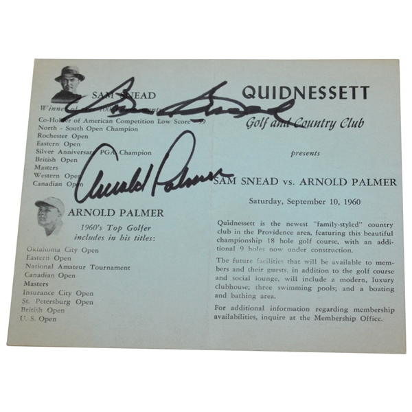 Arnold Palmer & Sam Snead Signed 1960 Exhibition at Quidneset G&CC Scorecard JSA ALOA