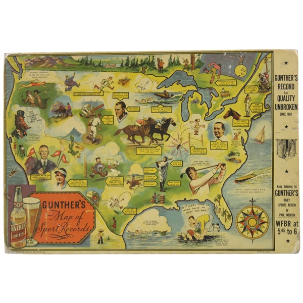 Gunther Beer Map of Sports Records Including Bobby Jones & Walter Hagen